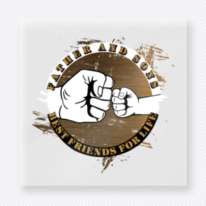 Father Of Son Best Friends For Life Brown DTF transfer mockup with father Of Son Best Friends For Life wording surrounds a fist-bump graphic with brown distressed accents.