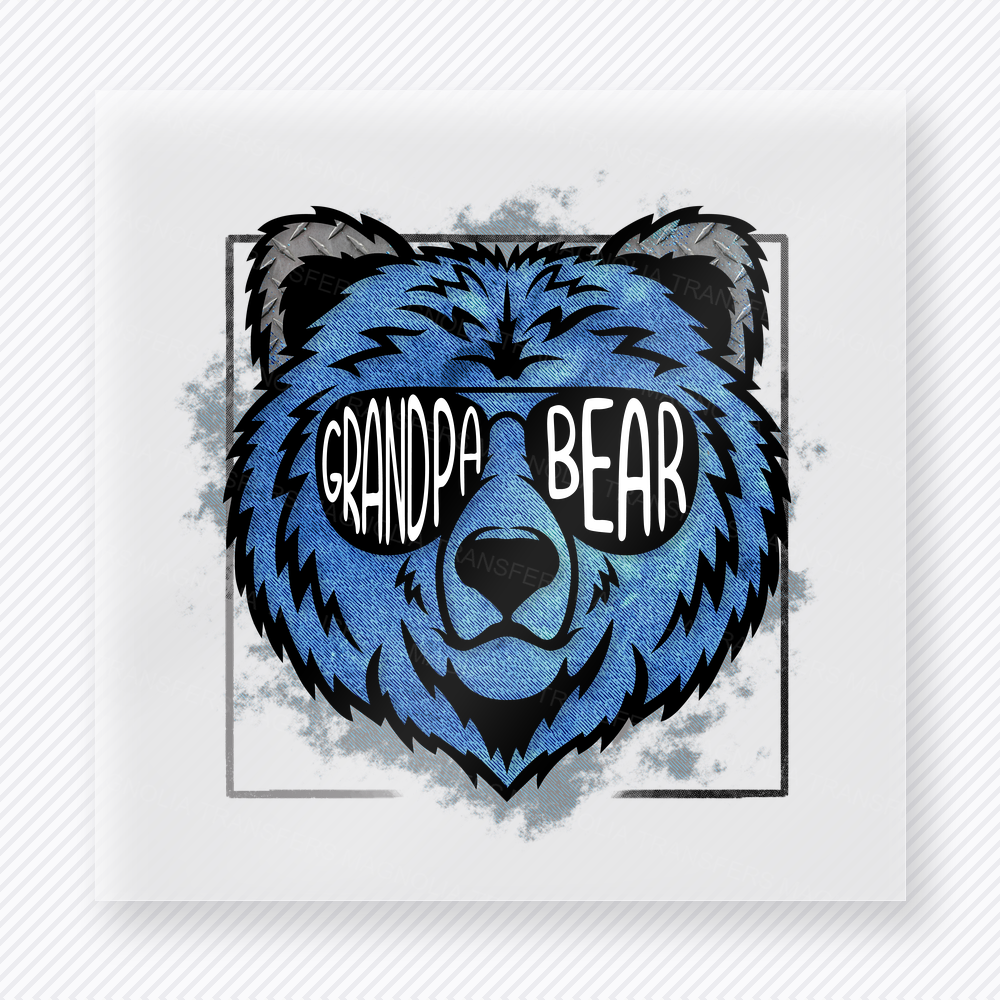 Grandpa Bear Blue DTF transfer mockup with grandpa Bear wording sits inside a bold blue bear face for a strong grandpa design.