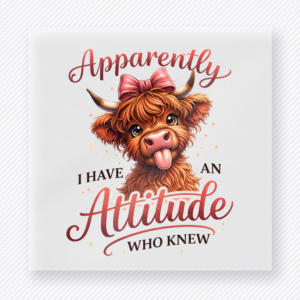 Apparently I Have An Attitude Who Knew funny and snarky DTF transfer mockup with highland cow with tongue-out expression and pink bow