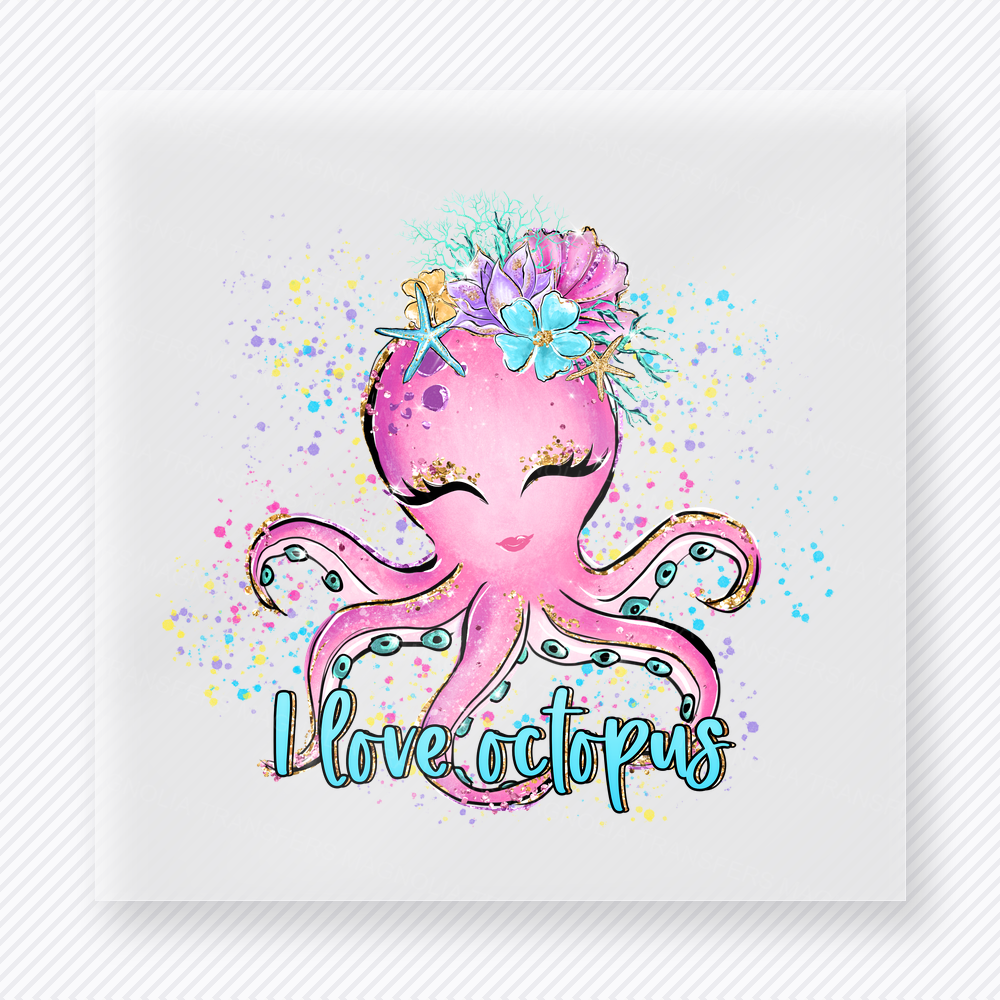 Love Octopus funny and snarky DTF transfer mockup with pastel octopus with flowers and soft watercolor accents