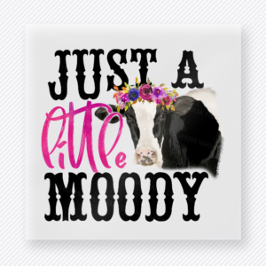 Just A Little Moody funny and snarky DTF transfer mockup with highland cow with floral crown and bold mixed lettering