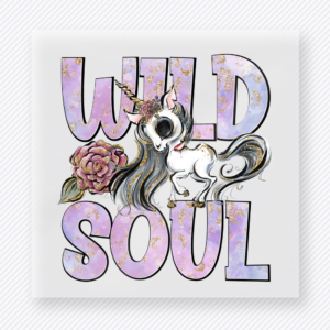 Wild Soul funny and snarky DTF transfer mockup with unicorn with purple lettering and soft watercolor accents