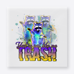 You Recycle Me Trash funny and snarky DTF transfer mockup with raccoon with colorful distressed lettering