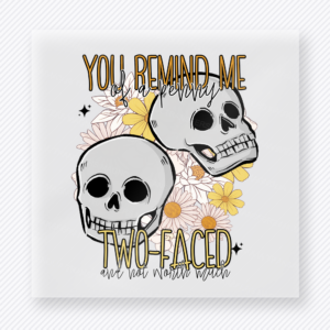 You Remind Me Of Somebody Two-Faced funny and snarky DTF transfer mockup with two skulls with floral background and snarky quote