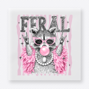 Feral Cat Pink funny and snarky DTF transfer mockup with cat with sunglasses, pearls, pink feathers, and feral lettering