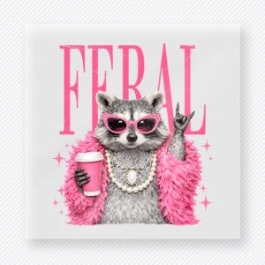 Feral Cat Coffee funny and snarky DTF transfer mockup with cat with sunglasses, pearls, coffee cup, and pink feathers