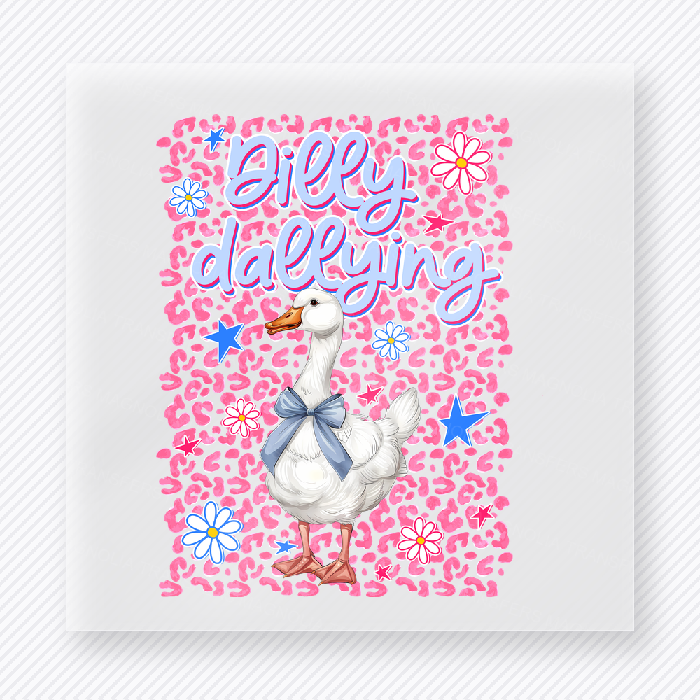 Dilly Dallying Goose funny and snarky DTF transfer mockup with goose with pink leopard pattern and bubbly lettering