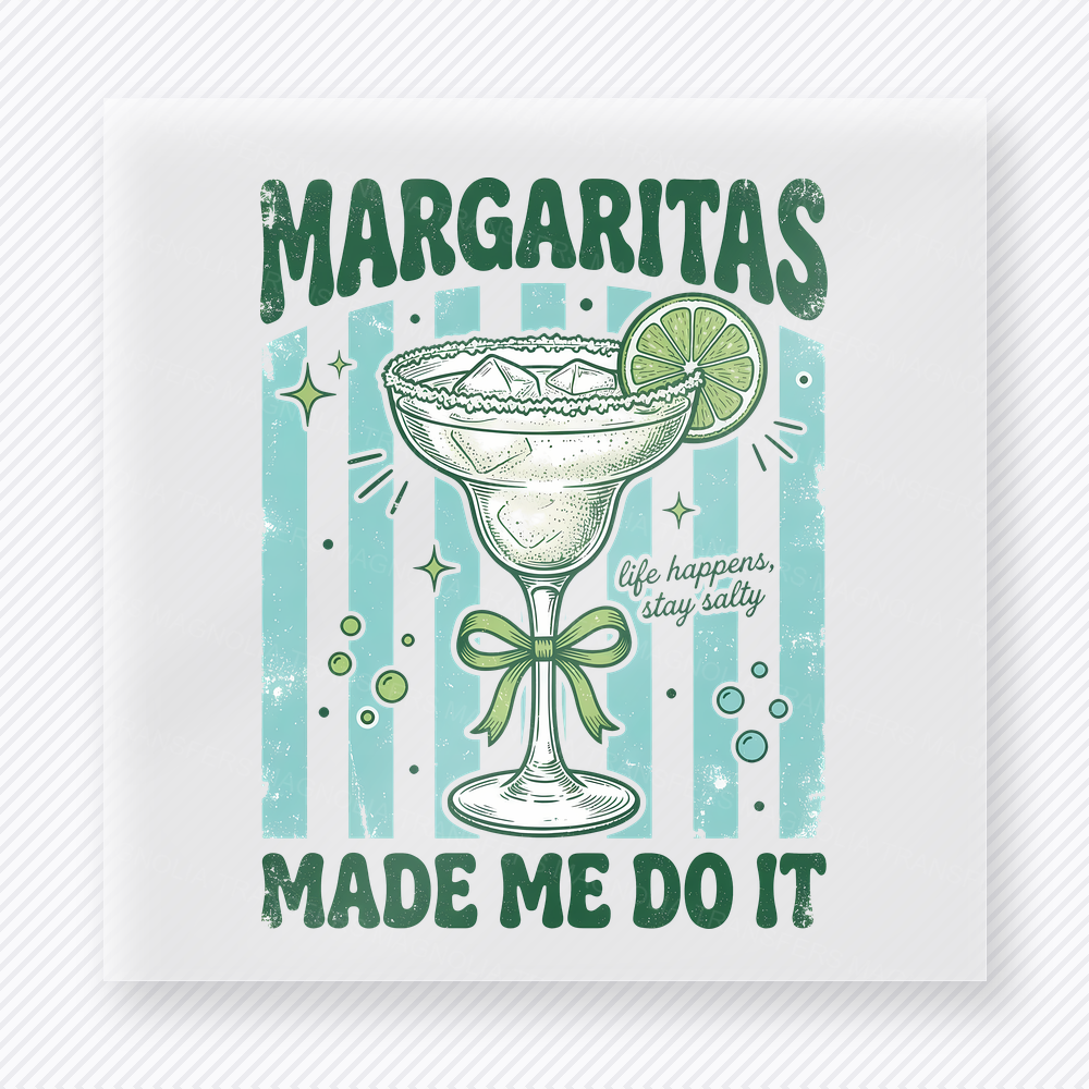 Margaritas Made Me Do It funny and snarky DTF transfer mockup with margarita glass with lime and retro teal lettering