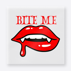Bite Me Red Lips Classic funny and snarky DTF transfer mockup with red lips with dripping detail and classic Bite Me lettering