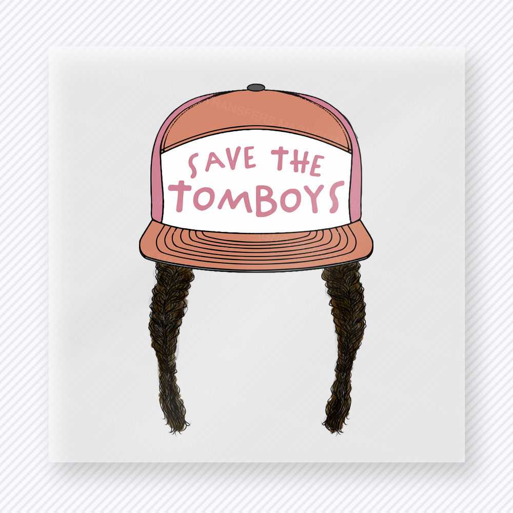 Save The Tomboys Peach Hat Dark Braids - Activist & Awareness DTF Transfers