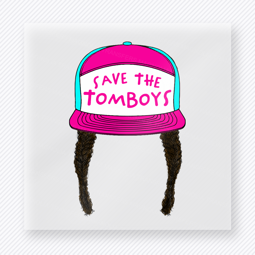 Save The Tomboys Neon Pink Hat Dark Braids - Activist & Awareness DTF Transfers
