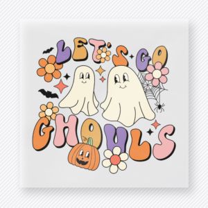 Let's Go Ghouls Halloween DTF transfer with two ghosts, pastel retro letters, flowers, and pumpkin