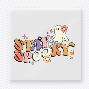 Stay Spooky Halloween DTF transfer with retro pastel letters, ghost, flowers, and spiderweb
