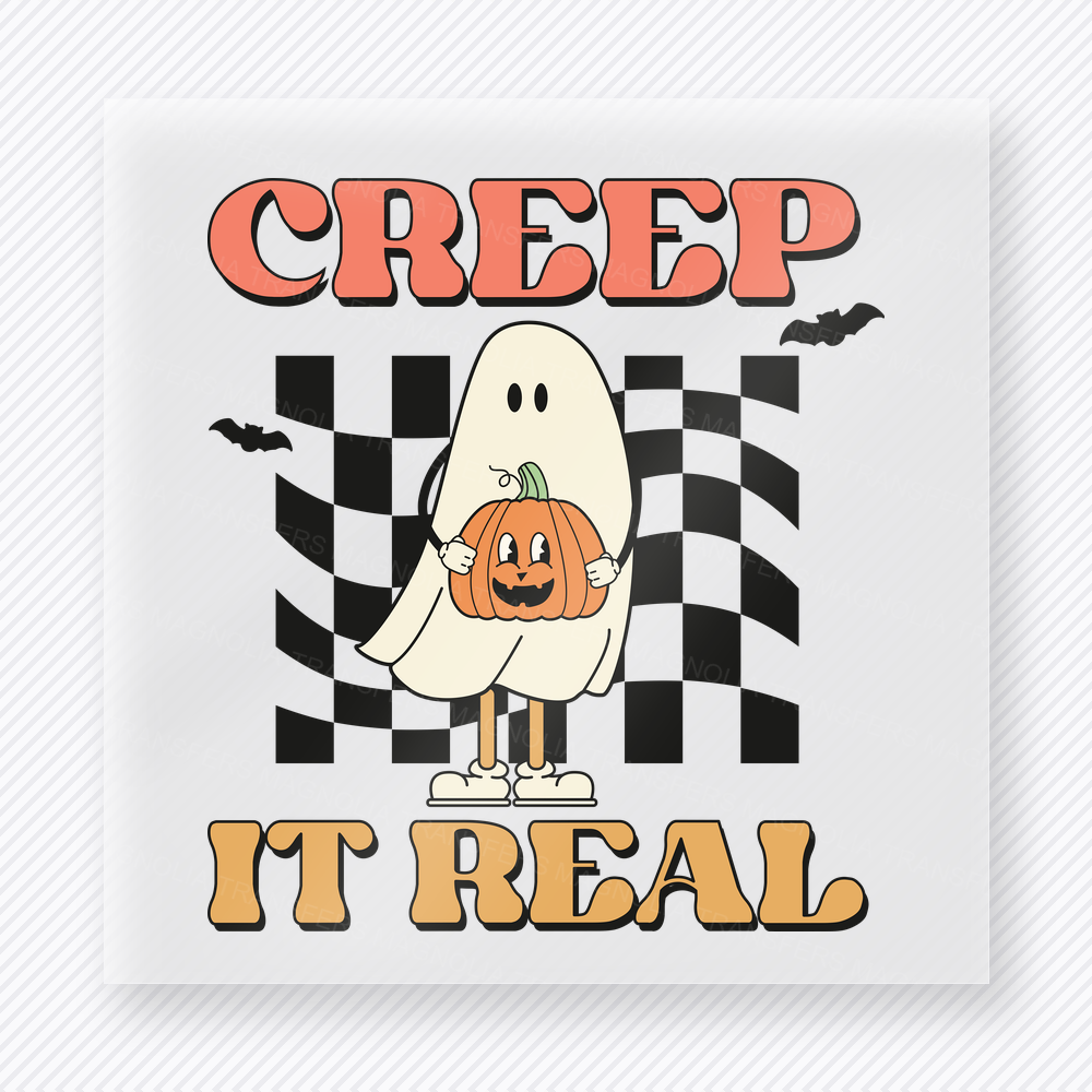 Creep It Real Halloween DTF transfer with ghost, pumpkin, bats, and black checkerboard background