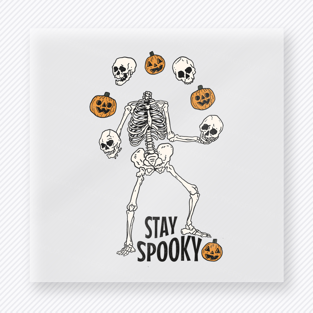 Stay Spooky Halloween DTF transfer with dancing skeleton, pumpkins, and skulls
