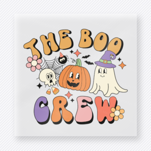 The Boo Crew Halloween DTF transfer with ghost, pumpkin, flowers, and colorful retro letters