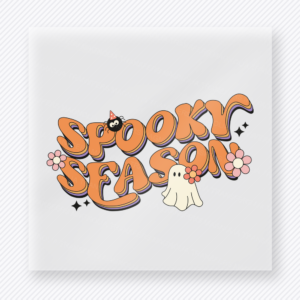 Spooky Season Halloween DTF transfer with retro orange letters, flowers, and small ghost