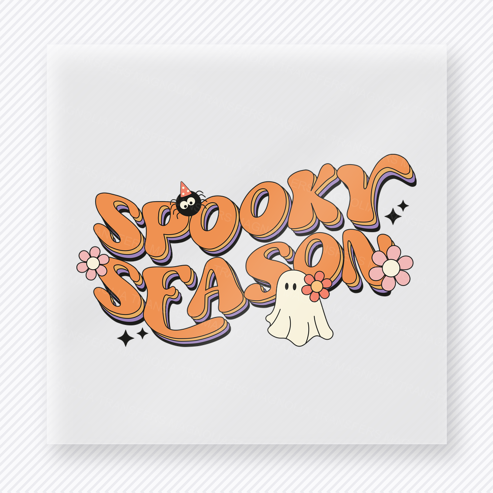 Spooky Season Halloween DTF transfer with retro orange letters, flowers, and small ghost