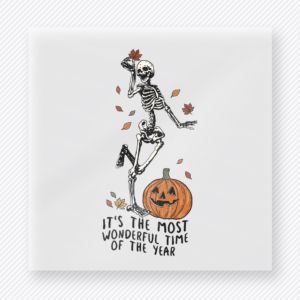 It's the Most Wonderful Time of the Year Halloween DTF transfer with dancing skeleton, leaves, and pumpkin