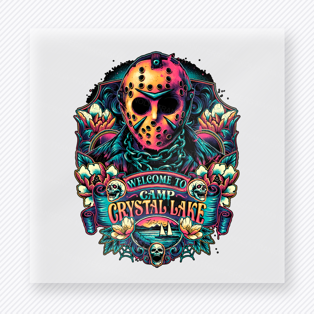 Welcome to Camp Crystal Lake Halloween DTF transfer with colorful hockey mask and horror camp graphic