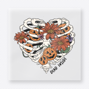 Dead Inside Halloween DTF transfer with floral ribcage, pumpkins, and skeleton design