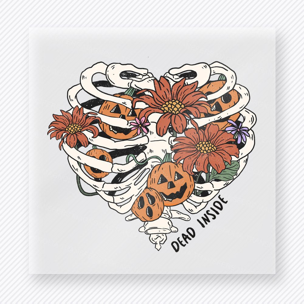 Dead Inside Halloween DTF transfer with floral ribcage, pumpkins, and skeleton design
