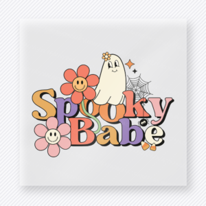 Spooky Babe Halloween DTF transfer with retro lettering, flowers, ghost, and spiderweb