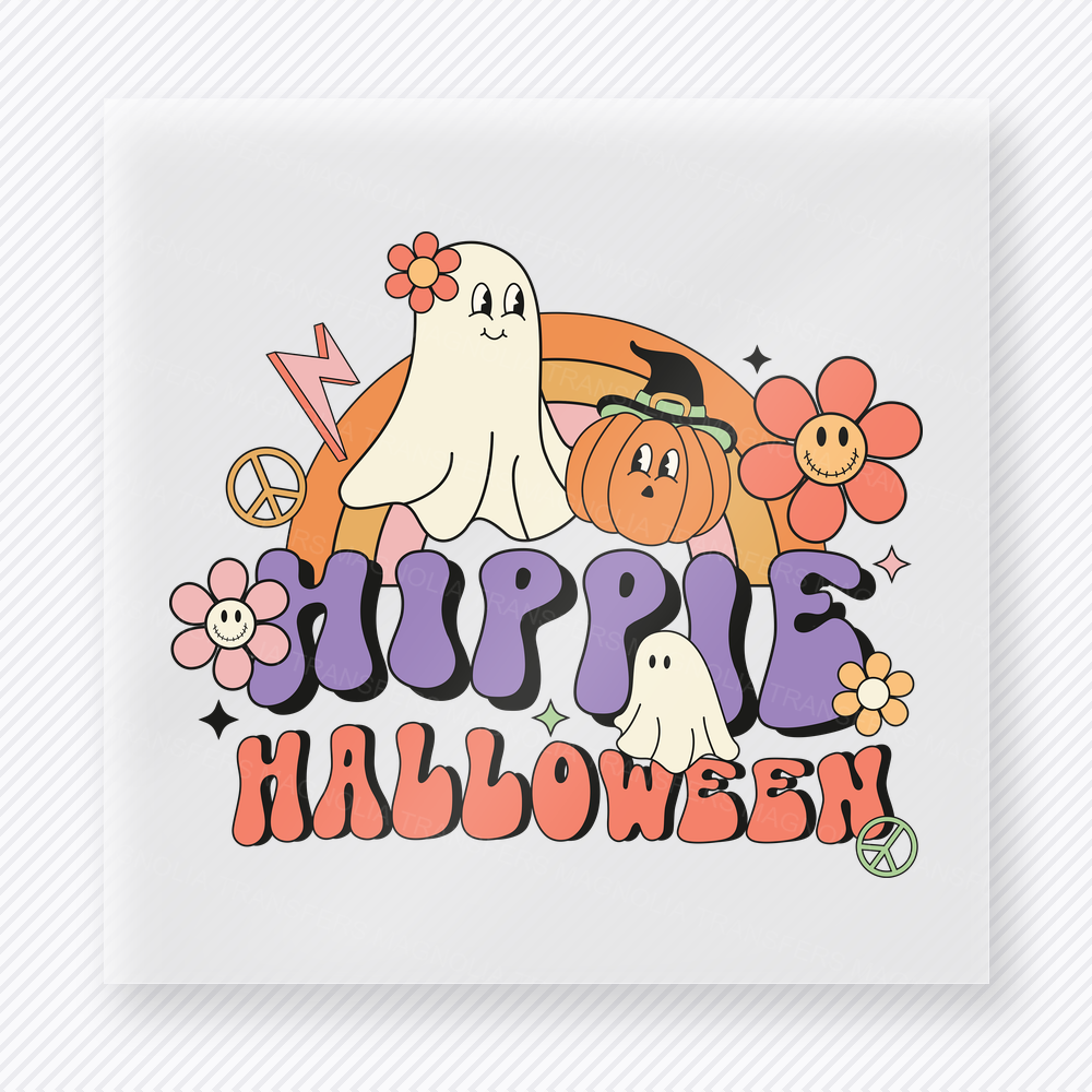 Hippie Halloween DTF transfer with ghost, pumpkin, flowers, peace signs, and retro lettering
