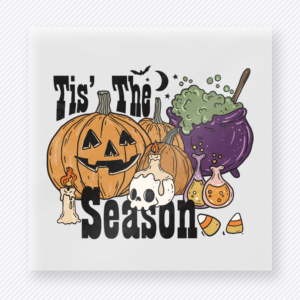 'Tis the Season Halloween DTF transfer with pumpkin, purple cauldron, candles, and candy corn