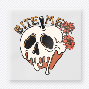 Bite Me Halloween DTF transfer with dripping skull and orange floral accents