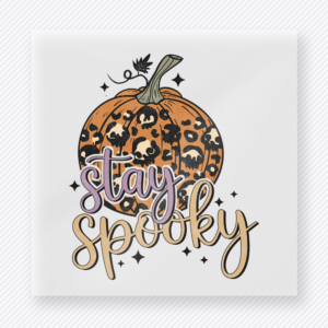 Stay Spooky Halloween DTF transfer with leopard print pumpkin and retro lettering