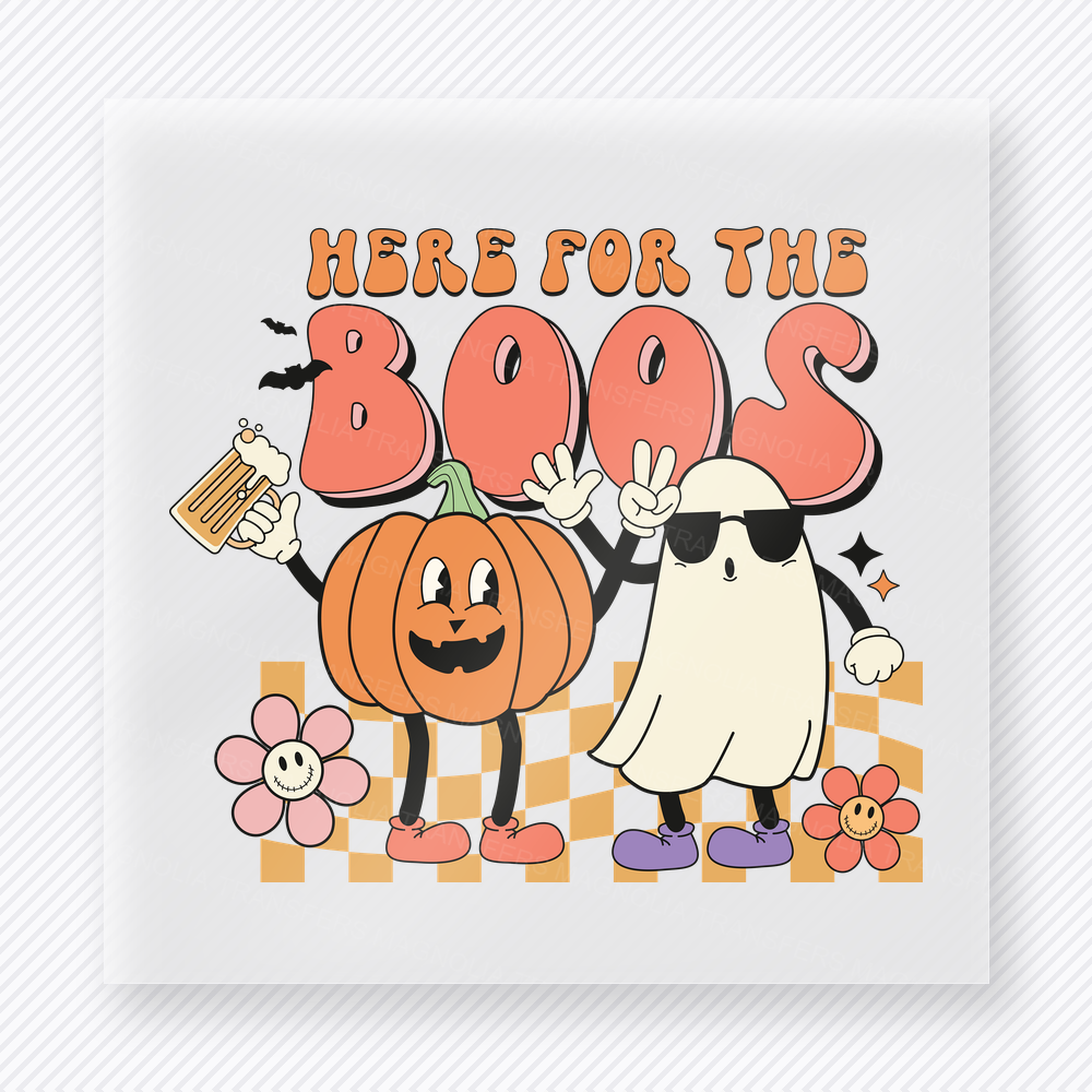 Here for the Boos Halloween DTF transfer with ghost in sunglasses, pumpkin, flowers, and checker accents