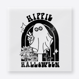 Hippie Halloween black and white DTF transfer with ghost, peace sign, flowers, and retro lettering