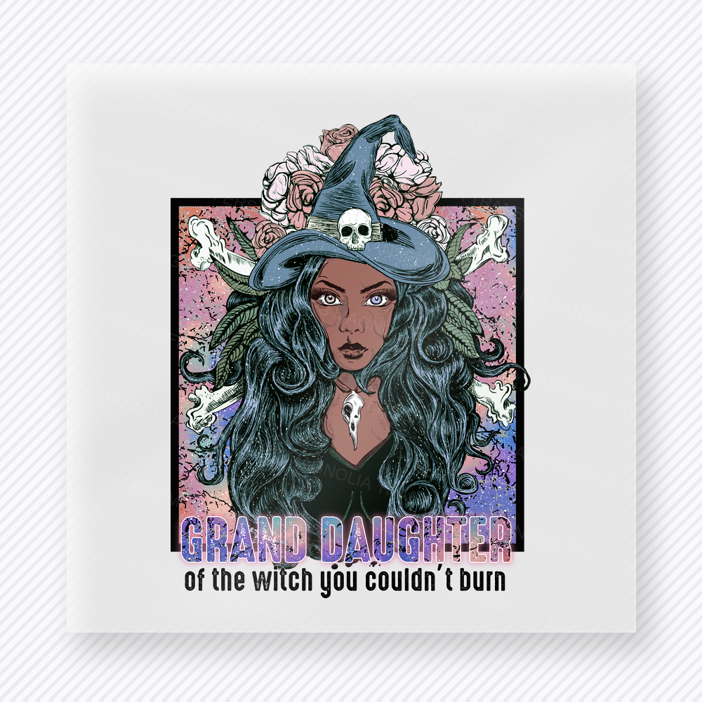 Grand Daughter of the Witch You Couldn't Burn Halloween DTF transfer with teal-haired witch portrait