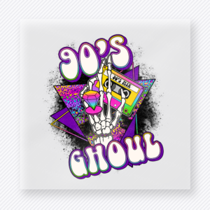 90s Ghoul Halloween DTF transfer with skeleton hand, geometric shapes, and retro colors