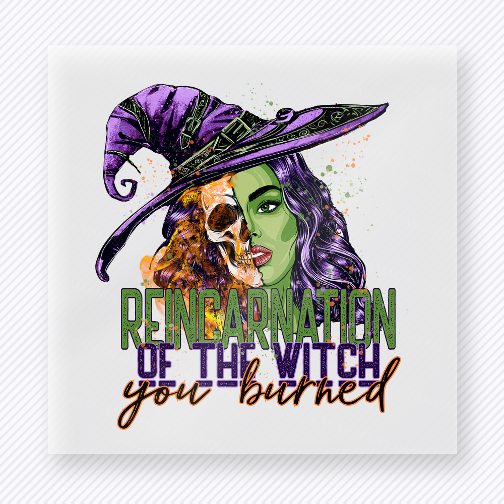 Reincarnation of the Witch You Burned Halloween DTF transfer with split witch and skull portrait