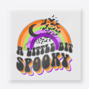 A Little Bit Spooky Halloween DTF transfer with retro rainbow stripes and bats