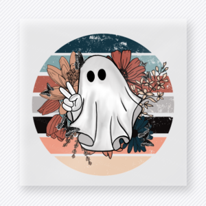 Peace sign ghost Halloween DTF transfer with floral accents and retro sunset stripes
