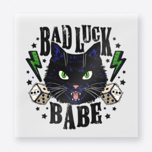 Bad Luck Babe Halloween DTF transfer with black cat, dice, stars, and lightning bolts