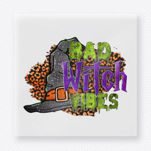 Bad Witch Vibes Halloween DTF transfer with colorful lettering and leopard print witch hat