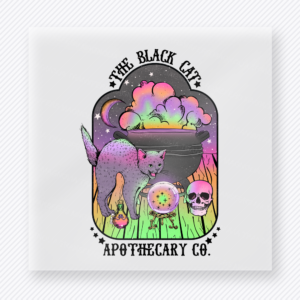 The Black Cat Apothecary Co Halloween DTF transfer with black cat, cauldron, crystal ball, and skull
