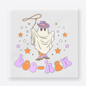 Boo-Haw Halloween DTF transfer with ghost, lavender western hat, boots, and stars