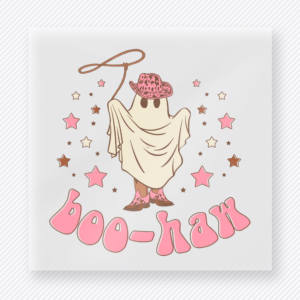 Boo-Haw Halloween DTF transfer with ghost, pink western hat, boots, and stars