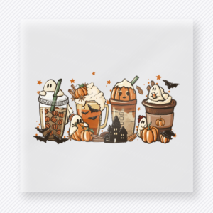 Spooky coffee drinks Halloween DTF transfer with three festive cups, pumpkins, ghosts, and haunted house details