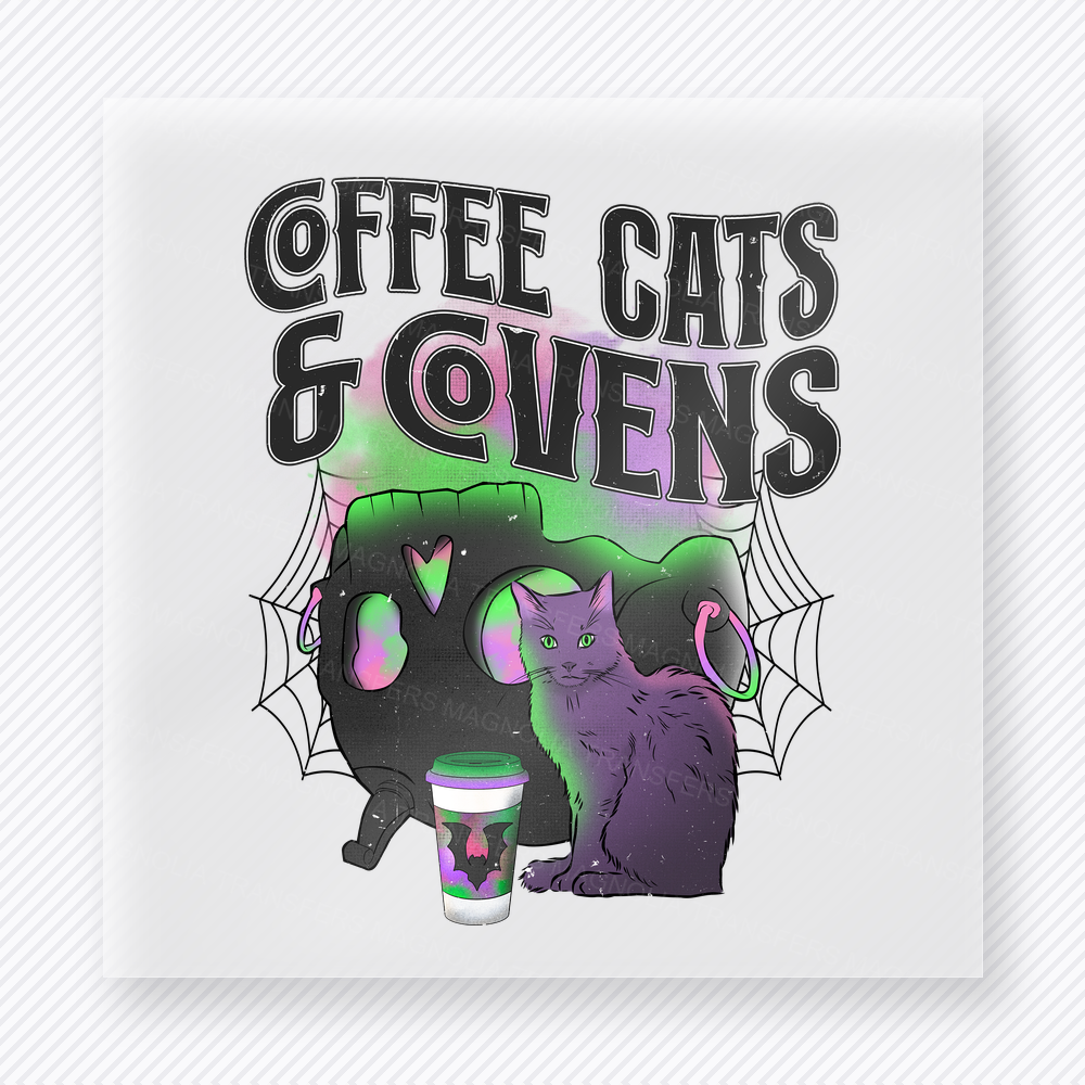 Coffee Cats and Covens Halloween DTF transfer with purple cat, cauldron, coffee cup, and webs