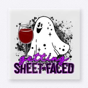 Getting Sheet-Faced Halloween DTF transfer with ghost holding wine glass