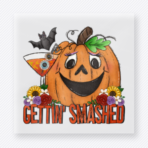 Gettin' Smashed Halloween DTF transfer with jack o lantern, martini glass, bats, and flowers