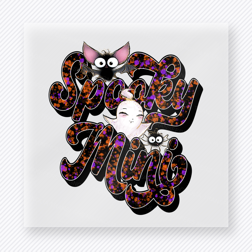 Spooky Mimi Halloween DTF transfer with leopard print script, bats, and ghost face detail