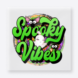 Spooky Vibes Halloween DTF transfer with neon green lettering, bats, and ghost face detail