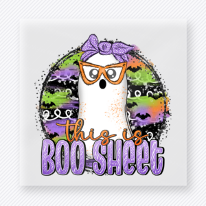 This Is Boo-Sheet Halloween DTF transfer with ghost wearing glasses and bow